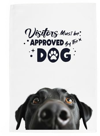 Purely Home Peeping Dog Tea Towel - Visitors Must Be Approved By The Dog - Black Labrador Gift Panama Cotton Kitchen Dish Towel/Drying Cloth - 67cm x 45cm