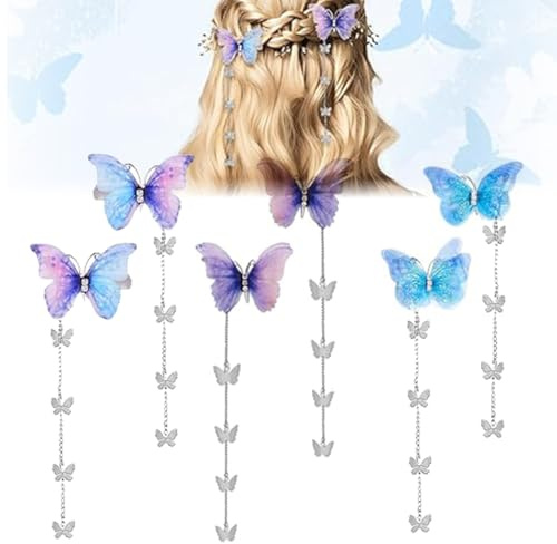 XUZOPIM 6 Stück Schmetterling Tassel Hair Clips Movable Fabric Butterfly Hairpin With Removable Tassel Cute Rhinestone Pins Side Clip Hair Clips Accessories For Women Girls, Haarschmuck Mädchen