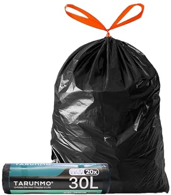 TARUNMO Kleiner Müllsack mit Kordelzug 20-30L müllbeutel, kleine Mülleimer Büro, K,üche, Badezimmer, Müllbeutel, verdickt, dehnbar Black Pedal Bin Liners Red Drawstring(20)