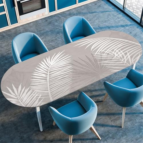 Odot Waschbare Elastische Runde Tischdecke Oval 3D Druck Abwaschbar Spanntischdecke Oval Gartentischdecke Outdoor Oval Tischdecke mit Gummizug, Pflanze Druck (107x165cm,Palmblätter)