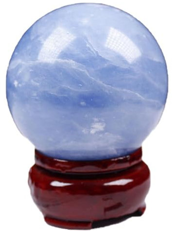 SZSXYBZ Natürliche blaue Celestit-Quarz-Kristallkugel, Heilkristallkugel, dekorative Kugel mit Holzständer, Heimdekoration, Geschenke (55–60 mm)