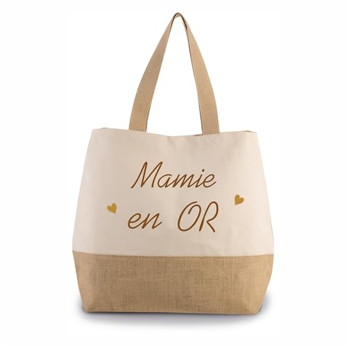 Sac cabas Mamie en or - cadeau Anniversaire mamie, fête des grands mères, noël grand-mère, sac cabas en jute, sac shopping mamie (Naturel)