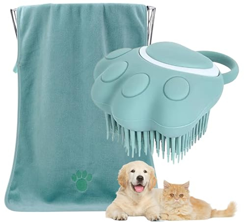 FurFurina® Kit de Aseo 2 en 1 para Perros y Gatos – Cepillo de Baño con Depósito de Champú + Toalla Absorbente 75×35 cm – Microfibra y Silicona – Limpieza, Secado y Masaje – Color Verde