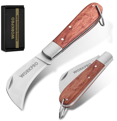 WORKPRO Couteau d'Électricien à Lame Inox Courbée, Poignée en Bois Ergonomique, Anti-Rouille, Longueur Fermée 10cm, Longueur Ouverte 17,5cm, Idéal pour DIY et Travaux Électriques, Léger et Compact