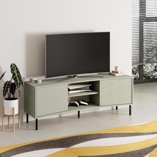 FWStyle Frem 2 Door TV Unit – Ash Green Curved Design with Black Metal Legs, Handleless Storage