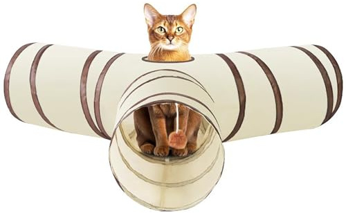 WUMEIJIAJU Katzentunnelspielzeug, 3-Wege-Klappschlauch mit Spielzeugball, interaktiver Katzentunnel für Indoor-Katzen, Welpen, Kätzchen, Kaninchen, kleine Haustiere (Beige)