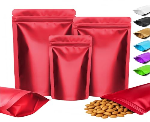 Plaphy 100-pack Stående Aluminiumfolie Zippåsar Återförslutbara, Matta Färgade Stand up Ziplock Mylarpåsar, Lufttäta Doypack för Förpackning och Förvaring Livsmedel, Snacks, Godis (Röd, 15 x 22 cm)