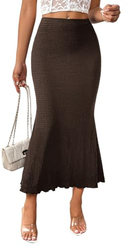 GORGLITTER Falda de otoño para mujer, elegante, de cintura alta, con dobladillo de sirena, falda lápiz con cintura elástica, falda de punto, marrón chocolate, L