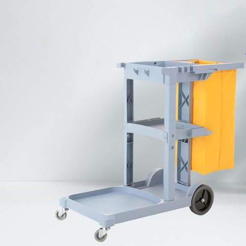 3-Tier Janitorial Service Cart - Housekeeping Trolley with Wheels for Hotels, Hospitals & Schools - Grey Cleaning Supply Transport Cart