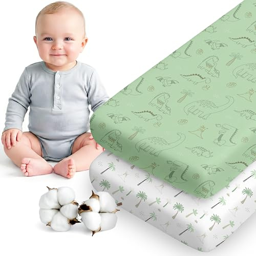 Dreamzie - 2er Set Spannbettlaken 55x90 cm Beistellbett - Baumwolle | Dino Weiß/Salbei · 55x90 cm · Beistellbett, Wiege · Soft · Atmungsaktiv · Oeko-Tex