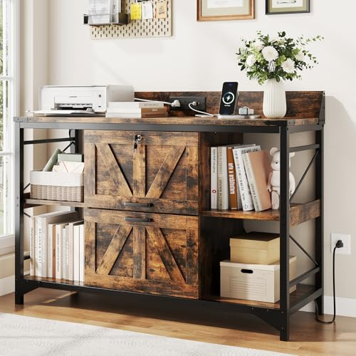 44 File Cabinet, Lateral Filing Cabinet for Home Office with 2 Drawers, Office Storage Cabinet with Lock and Key, Wooden Printer Stand with 4 Storage Shelves, Power Outlets, Bookshelf, Rustic Brown