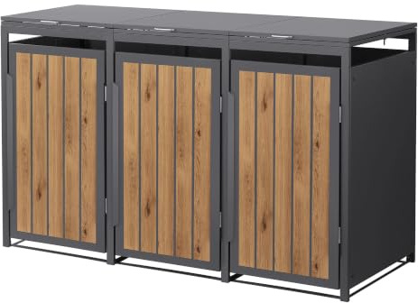 ML-Design sopkärlskåpa 3 soptunna 3 ton 240L 196x80x120 cm ljus antracit-ek väderbeständig stål sopbox med lock och dörr trädgårdsbox soptunneförvaring skyddande redskapsförvaring praktisk och hållbar