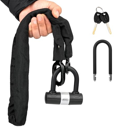Fahrrad Kettenschloss 8mm Stahl, 110cm mit Bügelschloss, Hochsicherheit | Gehärteter Stahl, Panzerschloss für E-Bike, Motorrad, E-Scooter. Hohe Sicherheit, All-Terrain geeignet.