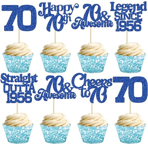 Ephlyn 30Pcs 70th Birthday Cupcake Toppers Glitter Seventy Happy 70th Straight Outta 1956 Cupcake Picks for Cheers to 70 Years Birthday Anniversary Party Cake Decorations Supplies Black