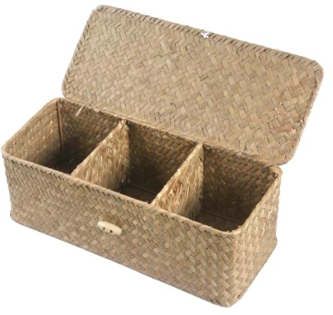 Panier de rangement en jonc de mer naturel avec couvercle - Organiseur à 3 compartiments pour salle de bain, salon et chambre à coucher - Tressé à la main en matériau 100 % naturel - 32 x 12 x 10 cm