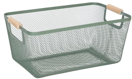 Relaxdays Drahtkorb mit Holzgriffen, mint | eckig, Aufbewahrungskorb Metall, HBT 16,5 x 37 x 22,5 cm, Korb Küche, Bad
