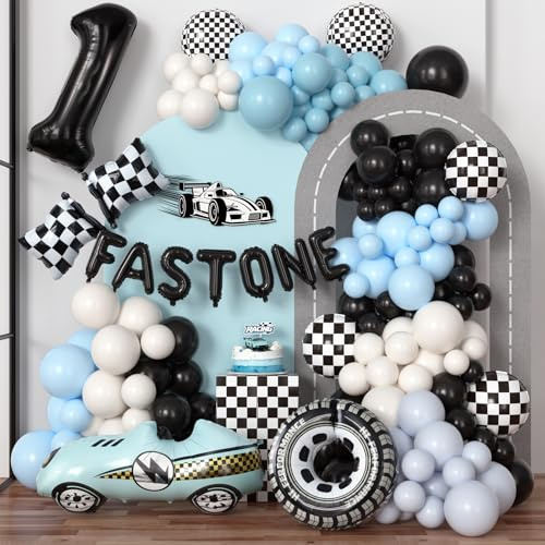 185pcs Rennwagen Geburtstagsdeko Junge 1 Jahre Blau Schwarz Luftballons Girlande 3D Rennwagen Folienballons Reifenballon Flaggenballons One Fast Geburtstag Deko für 1 Jahre Car Auto Deko Deburtstag