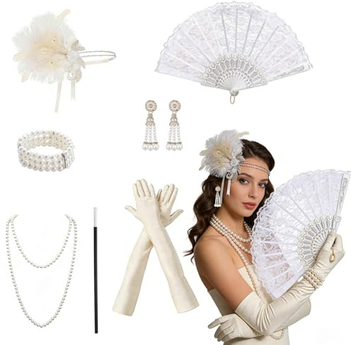 Crunier 7 Teiliges 20er Jahre Accessoires,Charleston Gatsby Damen,Perlen Ohrring,Halskette,Armband,Kopfbedeckung,Spitzenfächer,Handschuh,Rauchstab,für Halloween Karneval Abschlussball (Weiß)