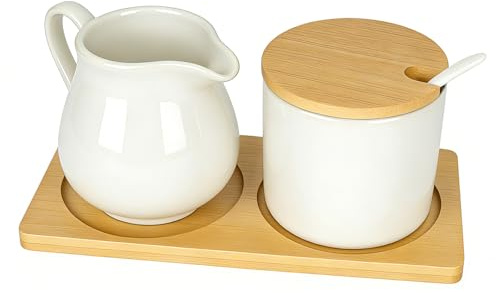 bssmmai Milch und Zucker Set mit Deckel und Löffel, Milchkännchen Schwarz Keramik und Zuckerdose mit Holz Tablett, Milchkanne Spülmaschinen- und Mikrowellengeeignet (Weiß)