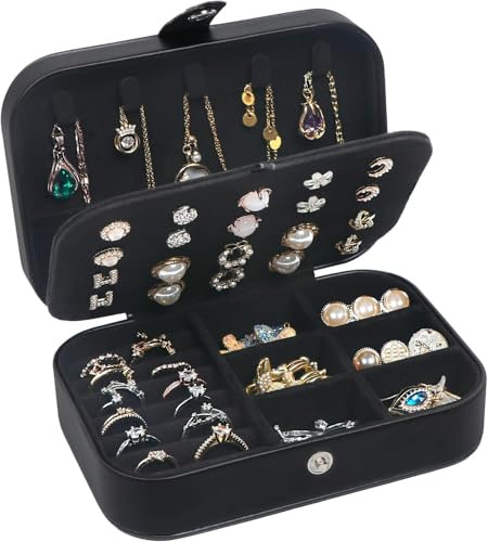 Schmuckkästchen Reise, Schmuckkasten klein, Reiseetui Schmuck organizer, Tragbarer Schmuckaufbewahrung für Ohrringe Halsketten Armbänder Ringe, Geschenkidee für Frauen Mädchen - Schwarz