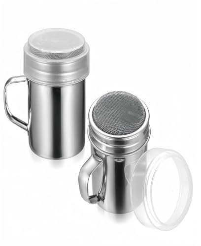 SHENGYIG Lot de 2 Salières à Sucre en Acier Inoxydable 304 | Avec Couvercle et Tamis Fin, Saupoudreur de Cacao pour Cappuccino, Épices, Saupoudreur de Farine pour Pâtisserie et Café