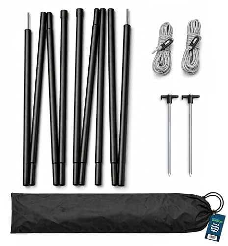 Purely Outdoors Tent Tarp Canopy Poles | Adjustable King Poles Set of 2-180cm, Heavy Duty 18mm Steel Camping Canopy Poles with Hard Ground Rock Tent Pegs, Illuminous Grey Guy Ropes & Carry Bag