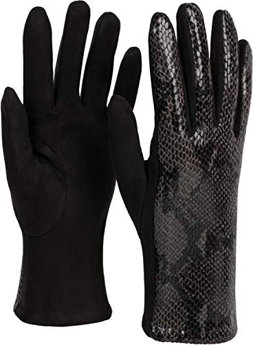 styleBREAKER Damen Handschuhe mit glänzender Schlangen Optik und Fleece Futter, Fingerhandschuhe, Winter 09010023, Farbe:Schwarz-Grau