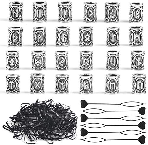 24 Stück Haar Bart Perlen Flechten Perlen Dreadlocks Perlen Wikinger Rune Bart Perlen mit 6 Stück Pull Hair Pin Quick Beader und 200 Stück Gummibänder für Haar Flechten Armband Halskette DIY Schmuck