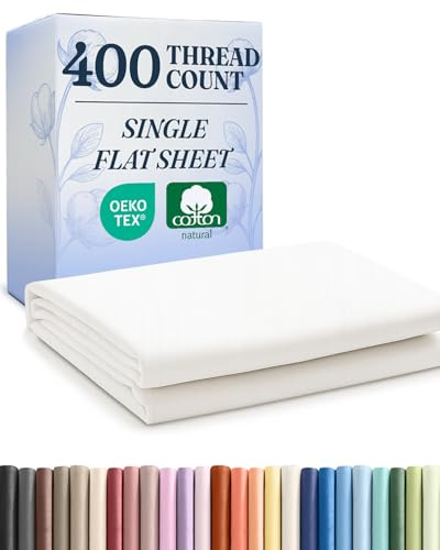 Queen 400 Thread Count 100% Cotton Flat Sheet - Comfortable, Cooling & Breathable Cotton - Top Flat Sheet Only - Luxury Hotel Quality Bedding - Extra Soft and Comfy - Easy Care, Wrinkle Free - White