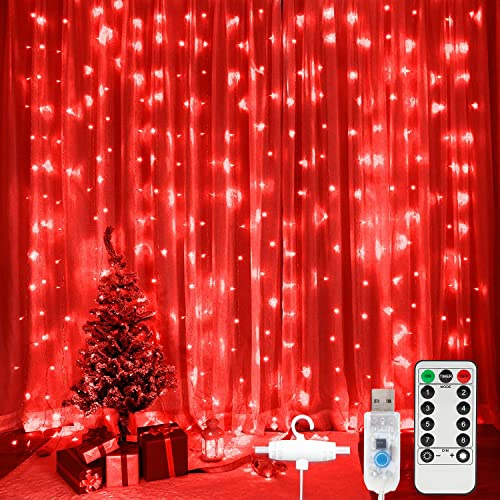 SUNNEST LED Curtain Lights Christmas, 300 LEDs 9.8FT x 9.8FT USB Curtain String Light with 8 Lighting Modes Wall Lights with Remote Control, Twinkle Light for Bedroom Decoration (Red)