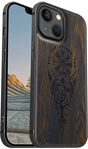 Carveit Coque magnétique pour iPhone 13 Mini Étui [Amulette Bois Sombre] [Pare-Chocs en TPU Souple] Case de téléphone Antichoc Compatible Magsafe avec 13mini Coque Bois (Viking Compas)
