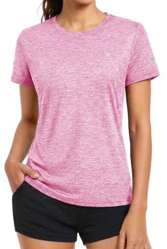 KEFITEVD Melange - Maglietta sportiva da donna, a maniche corte, con strisce riflettenti, traspirante, elasticizzata, scollo rotondo, leggera, ad asciugatura rapida, vestibilità regolare, M