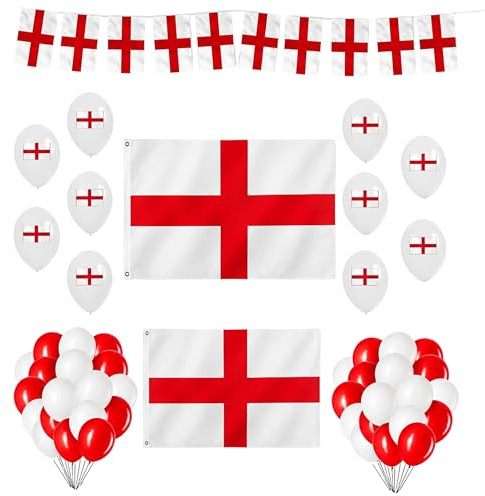 38Pcs Set England St George Party Pack for FIFA 2026 World Cup – 8x5Ft England Flag, 5x3Ft St George Flag, 10M/33Ft 25 Flags Bunting, 10 Printed Balloons and 25 Red White Balloons Decorations