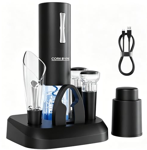 Electric Wine Opener, Rechargeable Corkscrew, Aerator Pourer Vacuum Stopper | Automatic Foil Cutter, Kitchen Bartender Accessories, Wedding Registry Housewarming Gifts, Charging Base, Smart Preservation