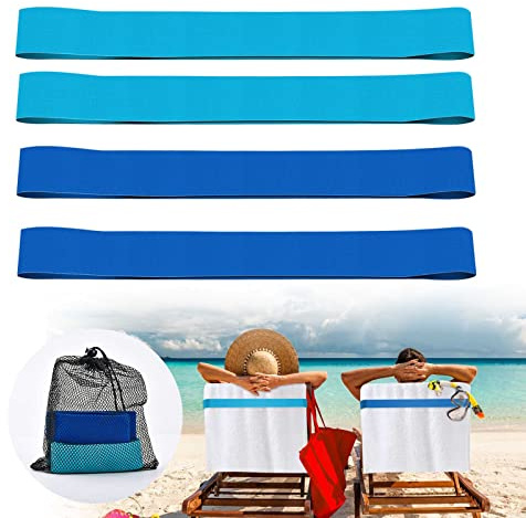 The Better Lot de 4 bandes de serviette pour chaises de plage, piscine et croisière, clips pour chaise de plage, bleu + lot de 2 turquoises