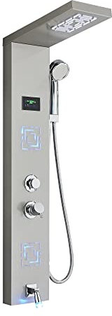 2023 New Black/Brushed Bathroom LED Shower Panel Tower System Wall Mounted Mixer Tap Hand Shower Rainy Head SPA Massage LED Shower Panel (Color : Brushed 9007, Size : A)