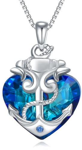 YAFEINI Anker Halskette für Damen 925 Sterling Silber Blau Ozean Herz Nautische Anhänger Kette Kristall Schmuck Geschenk für Mädchen Mutter Tochter