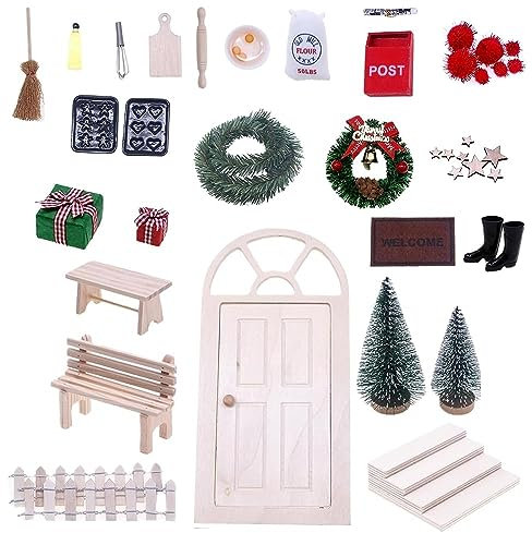 27PCS Wichteltür Zubehör Set,Weihnachtswichtel Tür Set Weihnachtsdeko Elfentür, Miniatur Wichteltür Komplettset mit Miniatur Briefkästen, Zäun, Leiter, Stiefel, Kranz, Feentür, Wichteltür