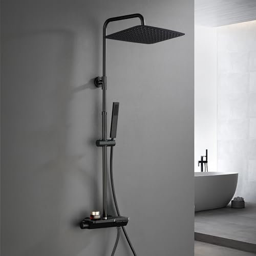 Görbach Regendusche Duschset mit Duscharmatur Komplettset-Edelstahl Duschsystem mit Thermostatarmatur, Überkopfbrause, Handbrause, Duschstange Matt Schwarz (3525MB)