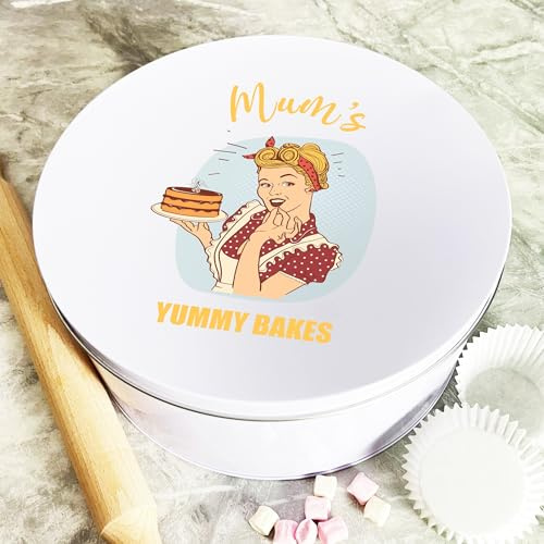 Personalised Round Retro Mums Yummy Bakes Biscuit Baking Sweets Cake Tin Personalised Gift | Custom Gift | Personalized Tin | Cake, Biscuit & Treat Tins | Gift For Her | Gift For Him