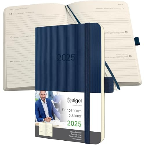 SIGEL C2533 Wochenplaner Wochenkalender 2025, ca. A6, dunkelblau, Softcover, 176 Seiten, Gummiband, Stiftschlaufe, Archivtasche, aus nachhaltigem Papier, Conceptum