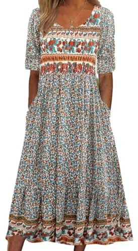 ABYOVRT Robe Longue Femme Col Round Robe à Manches Courtes Boho Décontractée Imprimé Floral Vacances Maxi Ete Robe Chic et Elegant Casual Dress avec Deux Poches,XL