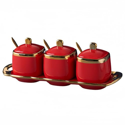 Dowbom Lot de 3 sucriers avec couvercle et cuillère, pot à sucre, pot à épices, pot à sel et assaisonnement (rouge, 236,8 g)