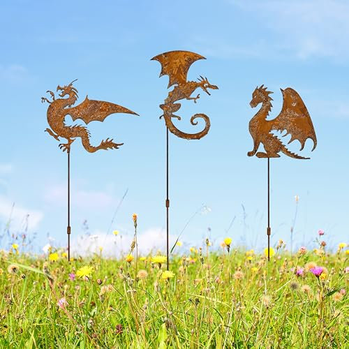 Noxozoqm Rusty Metal Fantasy Dragon Garden Stakes Decor, Set of 3, Outdoor Decorative Garden Stakes