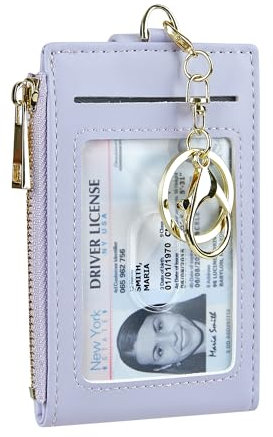Cynure Damen & Herren Leder RFID Blocking Kartenhalter Slim Small Zipper Keychain Fronttasche Geldbörse mit 2 ID Fenster, 1-Plain Light Purple