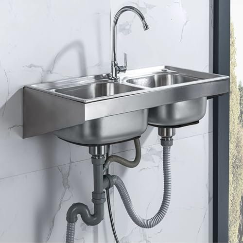 Wandmontiertes SpüLbecken,Freistehendes SpüLbecken,Kommerzielle SpüLe Aus Edelstahl Doppelwaschbecken,Mit AbtropffläChe Und Wasserhahn FüR Kalt- Und Warmwasserleitungen