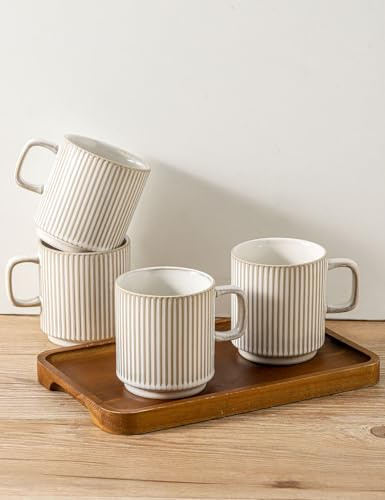 Seyatoo Coffee Mugs Set of 4, Ceramic Ribbed Coffee Mug, Tea Coffee Cups Set with Handle, Porcelain Mug for Americano, Latte, Cappuccino, Hot Chocolate, Glazed White