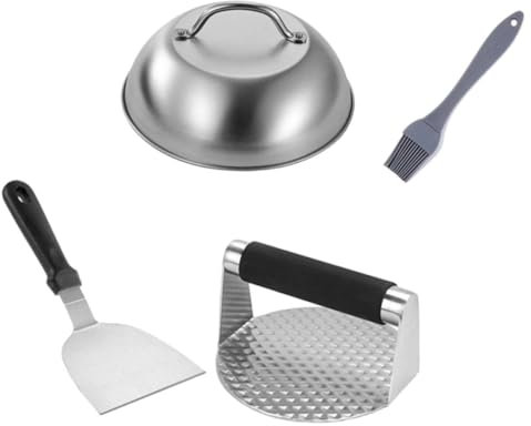 PRETYZOOM Presse à Hamburger INOX 4 Pièces Spatule et Pelle Antiadhésive, Outil de Presse à Viande Robuste, Compatible Barbecue Cuisine Maison, Kit Complet pour Préparer Burgers