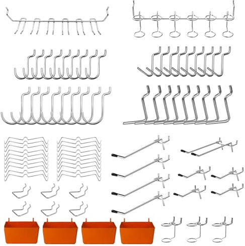 YIYITOOLS 80Pcs Pegboard Accessories Organizer Kit, Peg Board Hooks Accessories Assortment for Hanging Tools with Pegboard Bins, Peg Locks for Workshop Garage Wall Kitchen