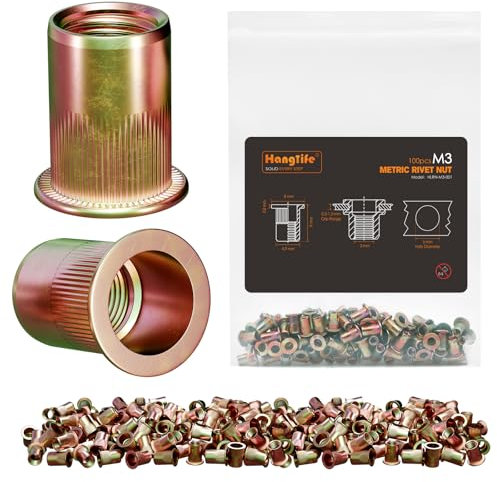 HANGLIFE Écrous à Sertir, M3 Metric Insert Fileté Metal (100 Pièces) - Écrous à Tête Plate, Plaqués Zinc, en Acier au Carbone avec Corps Nervuré, Écrou d'Insertion Filetés